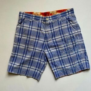 ROBERT GRAHAM. Burmuda shorts, size 36, blue plaid men's flat front, embroidered